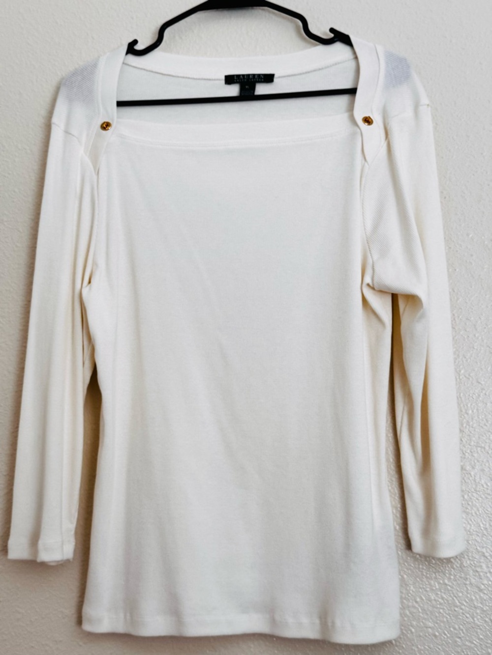 Ralph Lauren Cream Long-Sleeve Square Neck Knit Top with Gold Buttons